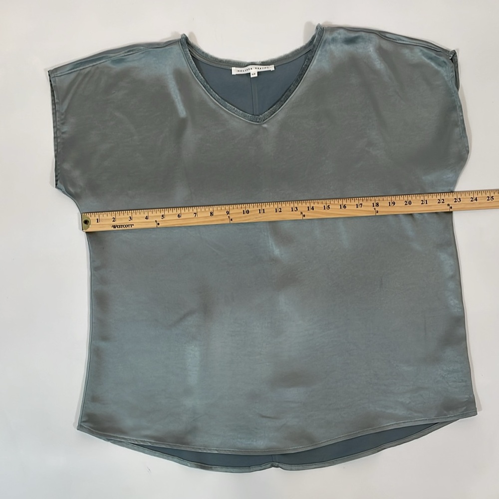 Melissa Nepton Satin Top Size L Seafoam Blue Color Fringe Neckline - Picture 4 of 7